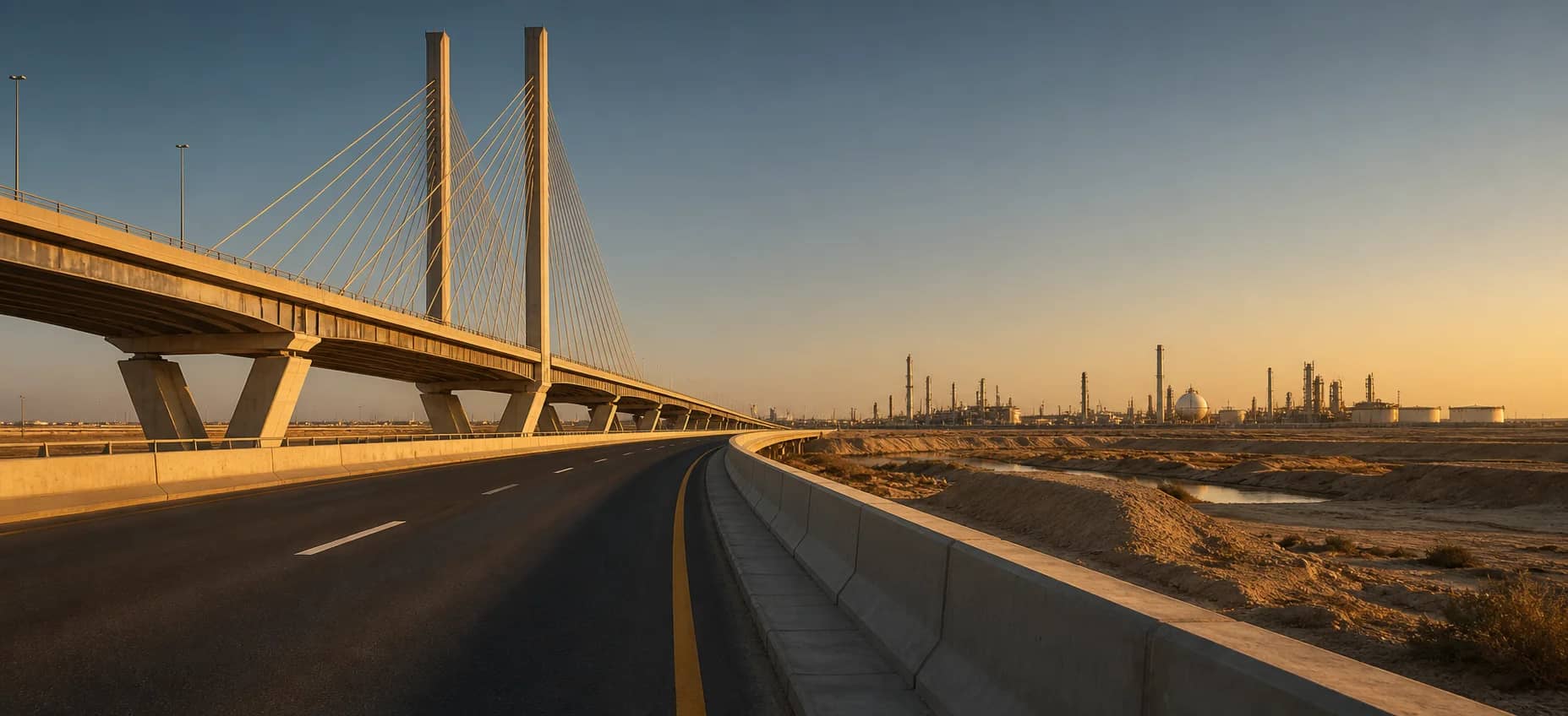 طريق معبّد يمتد تحت جسر معلّق بالكوابل عند الغروب، وفي الأفق منشآت صناعية